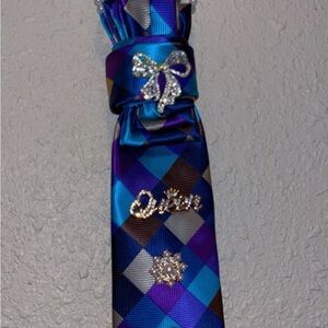 Hand Crafted Blue and Purple Checkered Ribbon Necklace with Crystal Accents
